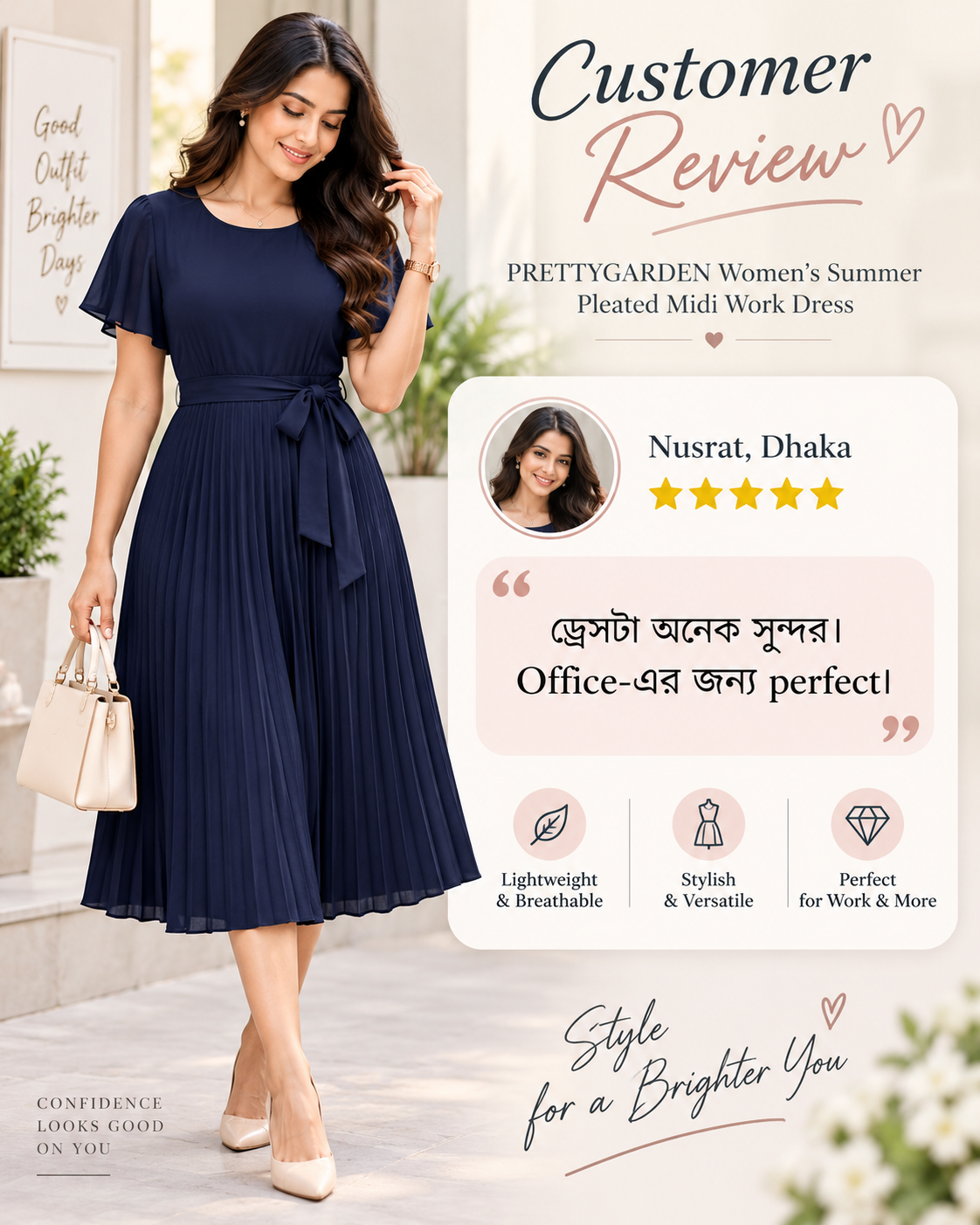 PRETTYGARDEN Women's Summer Pleated Midi Work Dress - Navy