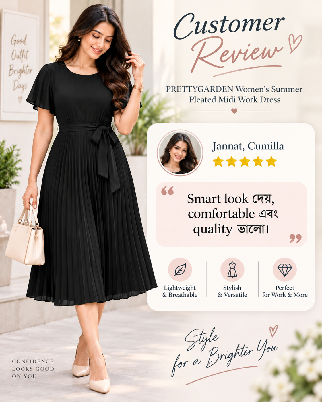 PRETTYGARDEN Women's Summer Pleated Midi Work Dress - Black